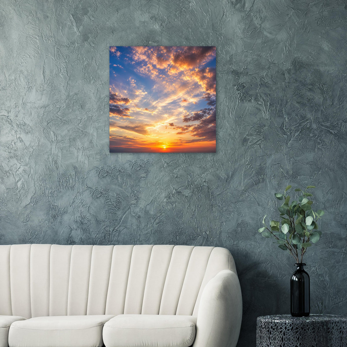 Quadratisches gerahmtes Wandposter mit Sonnenuntergangshimmel in Blau und Orange