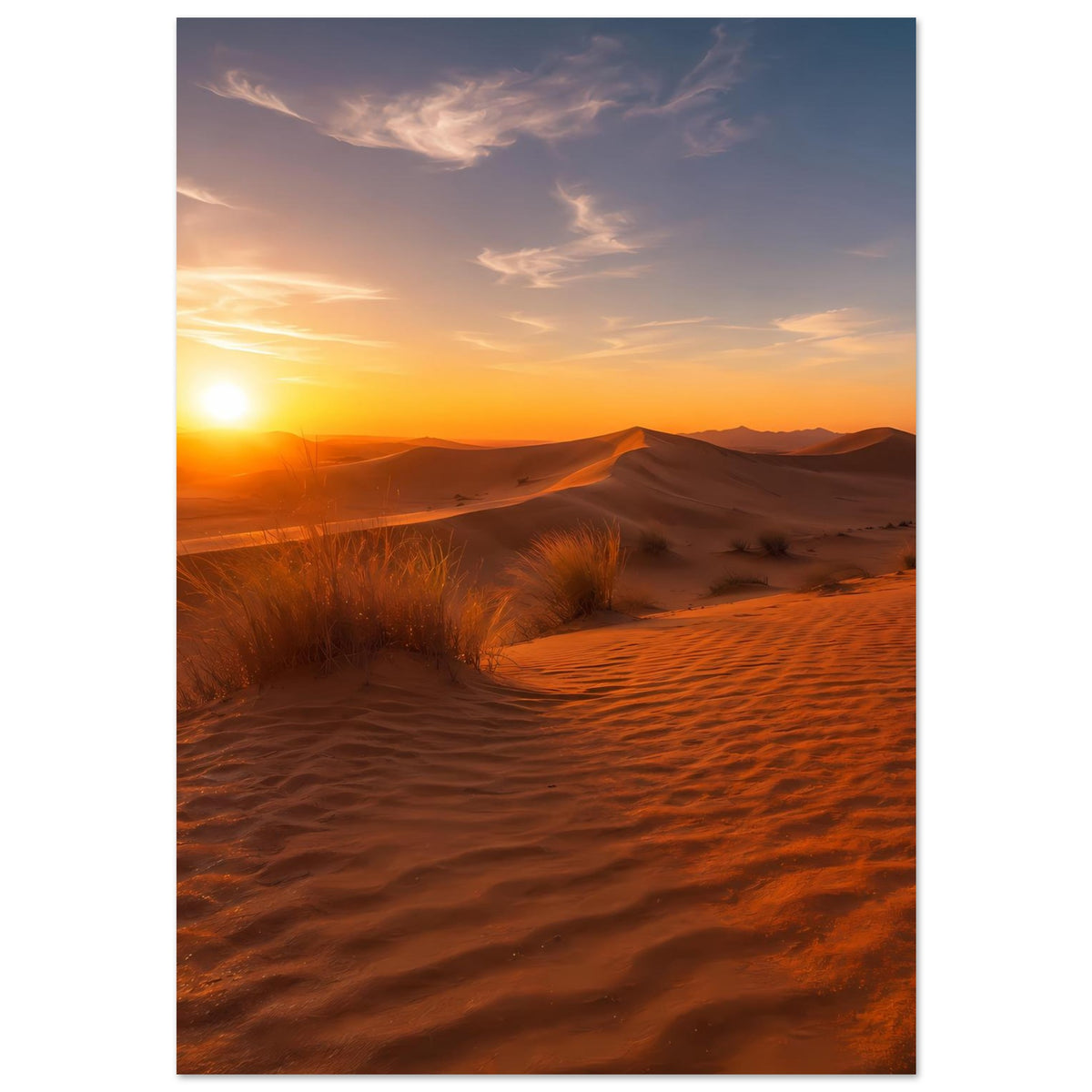 Wüstenlandschafts-Poster im Hochformat: Dünen, warmes Abendlicht und heller Sonnenkreis