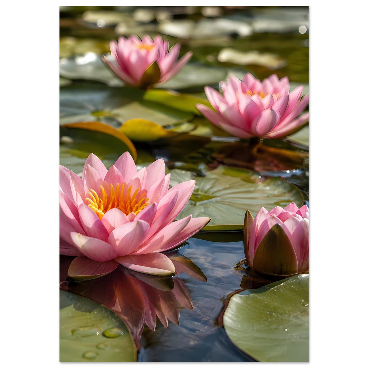 Poster mit rosa Seerosenblüten, gelben Kronen und grünen Blättern im Wasser