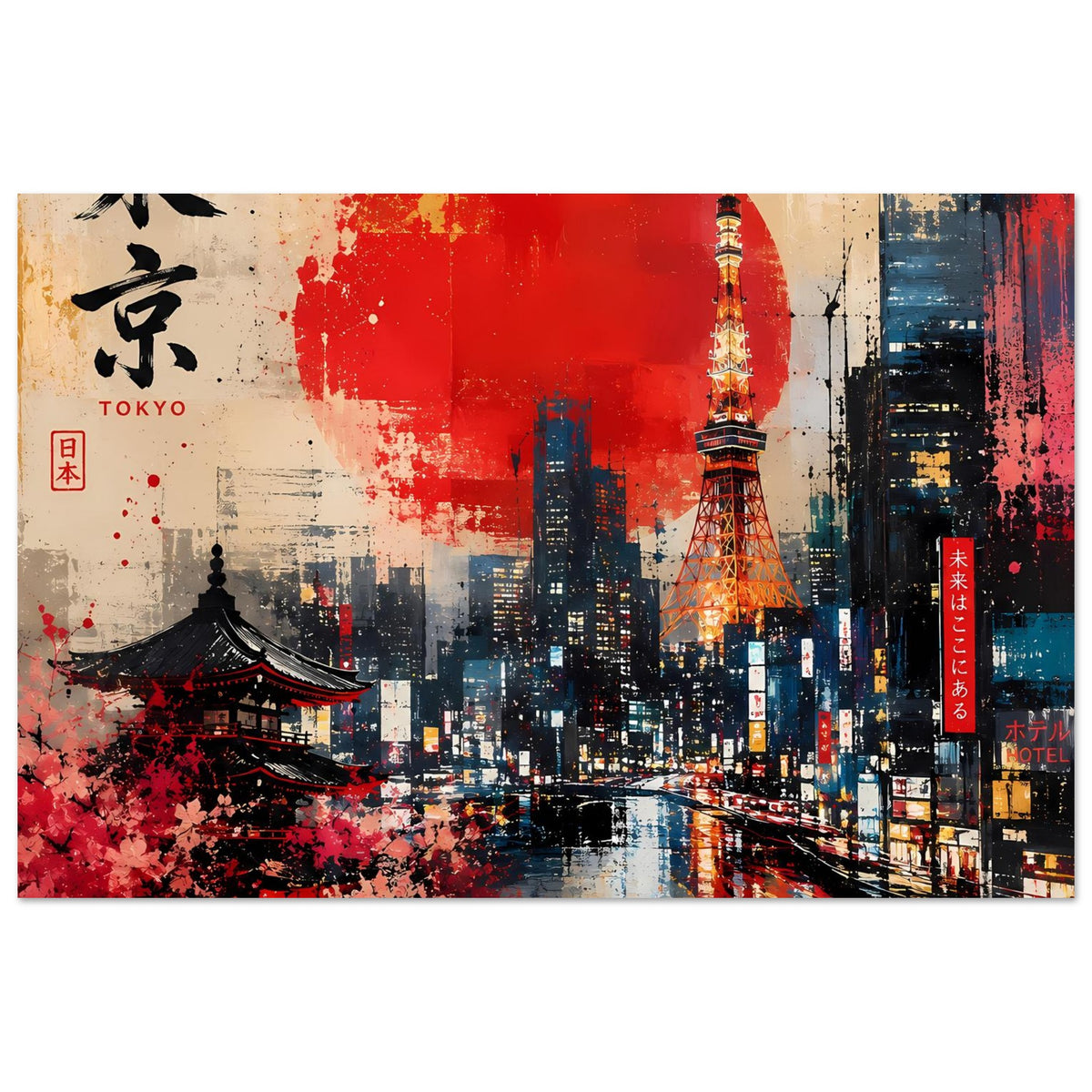 Horizontales Skyline-Poster mit roter Sonne, Tokyo Tower im Zentrum und Flussstraße