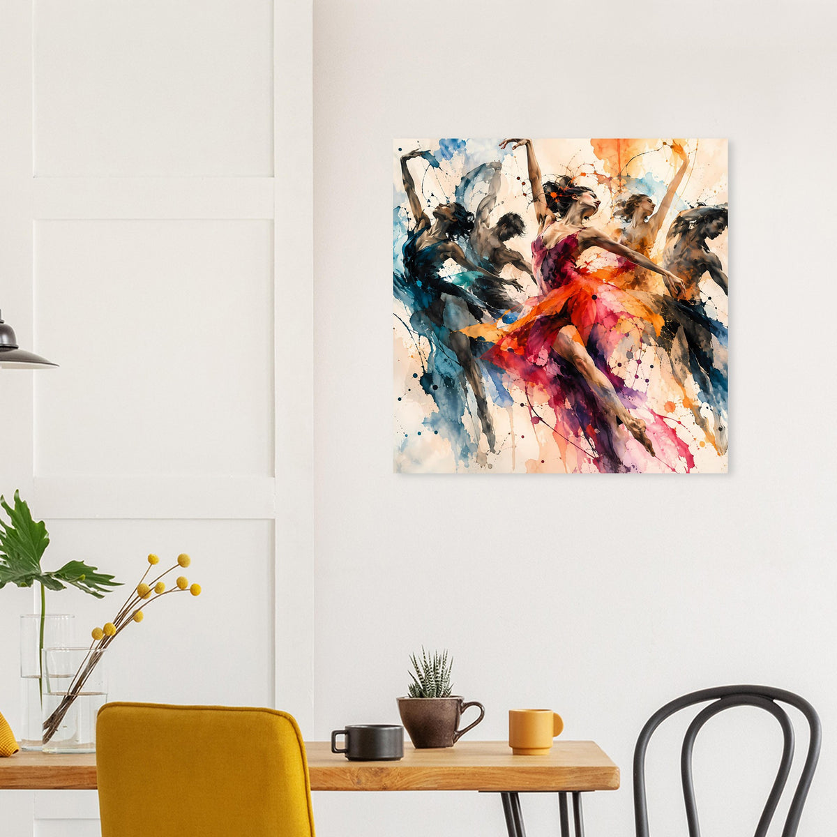 Quadratischer Kunstdruck mit abstrakter Tänzerin, dominantes Rot mit Blau- und Schwarzakzenten.