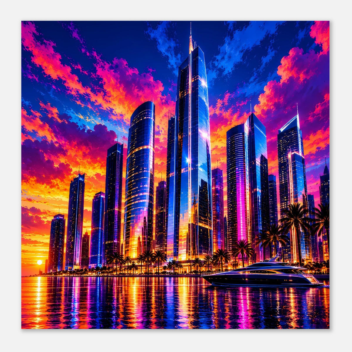 Poster mit leuchtender Großstadt-Skyline im Sonnenuntergang, reflektiert im Wasser