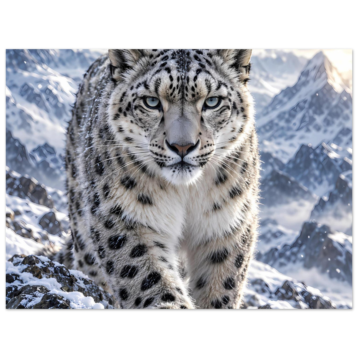 Poster mit Schneeleopard, frontal blickend, dichtes Fell mit schwarzen Flecken