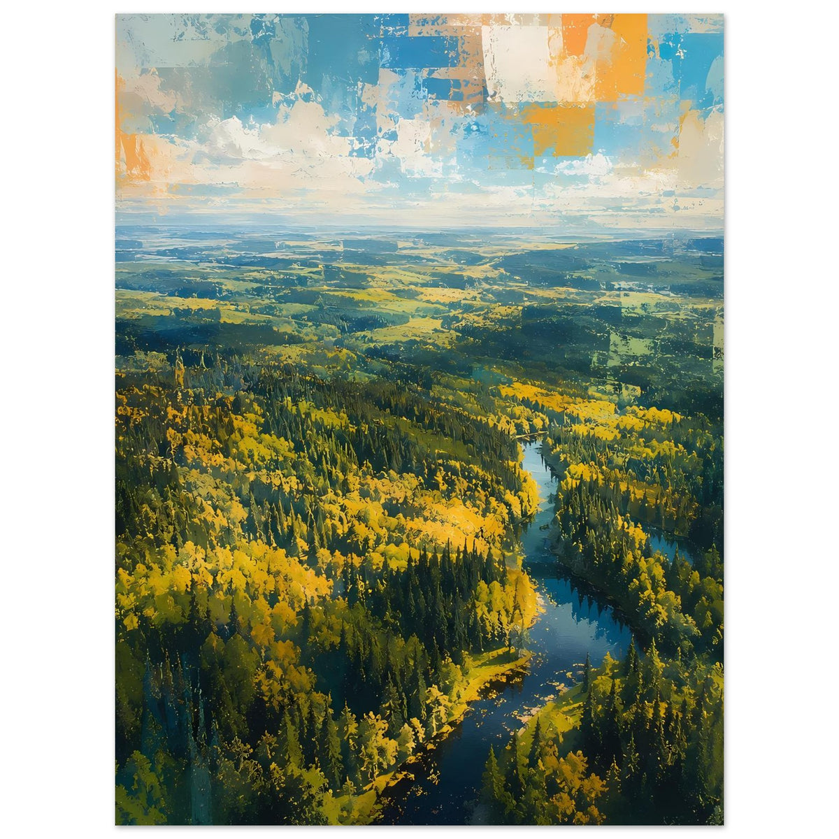 Poster im Hochformat mit Herbstwald und schlängelndem Fluss, gelbe Bäume und grünes Tal