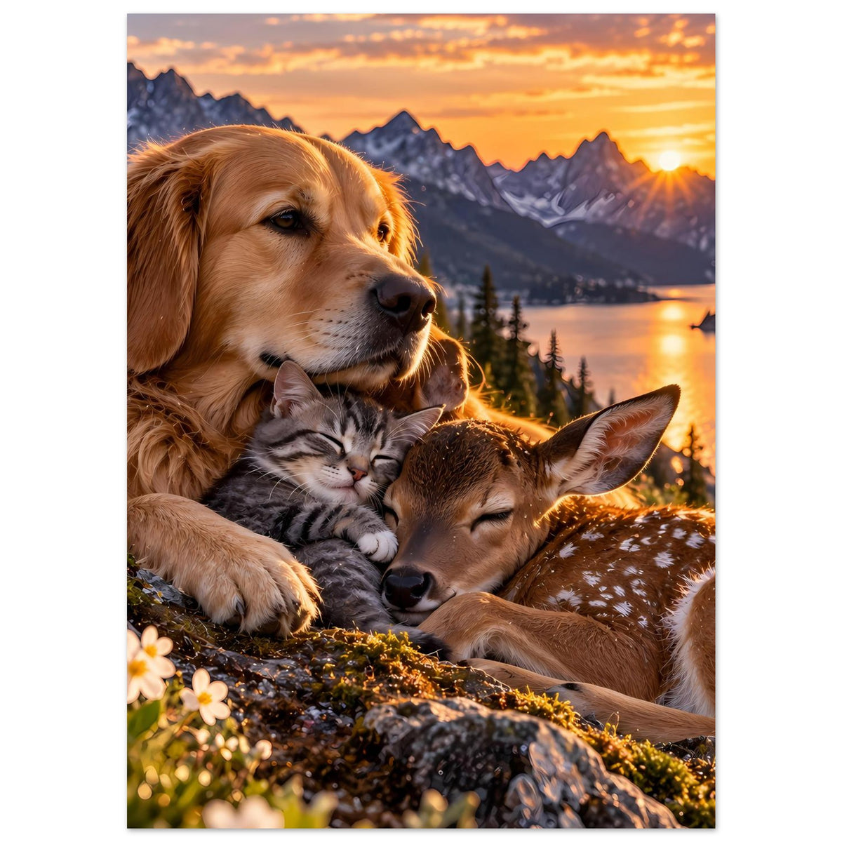 Poster (vertikal) mit goldenem Hund, Katze und Reh am Fels, warmes Abendlicht