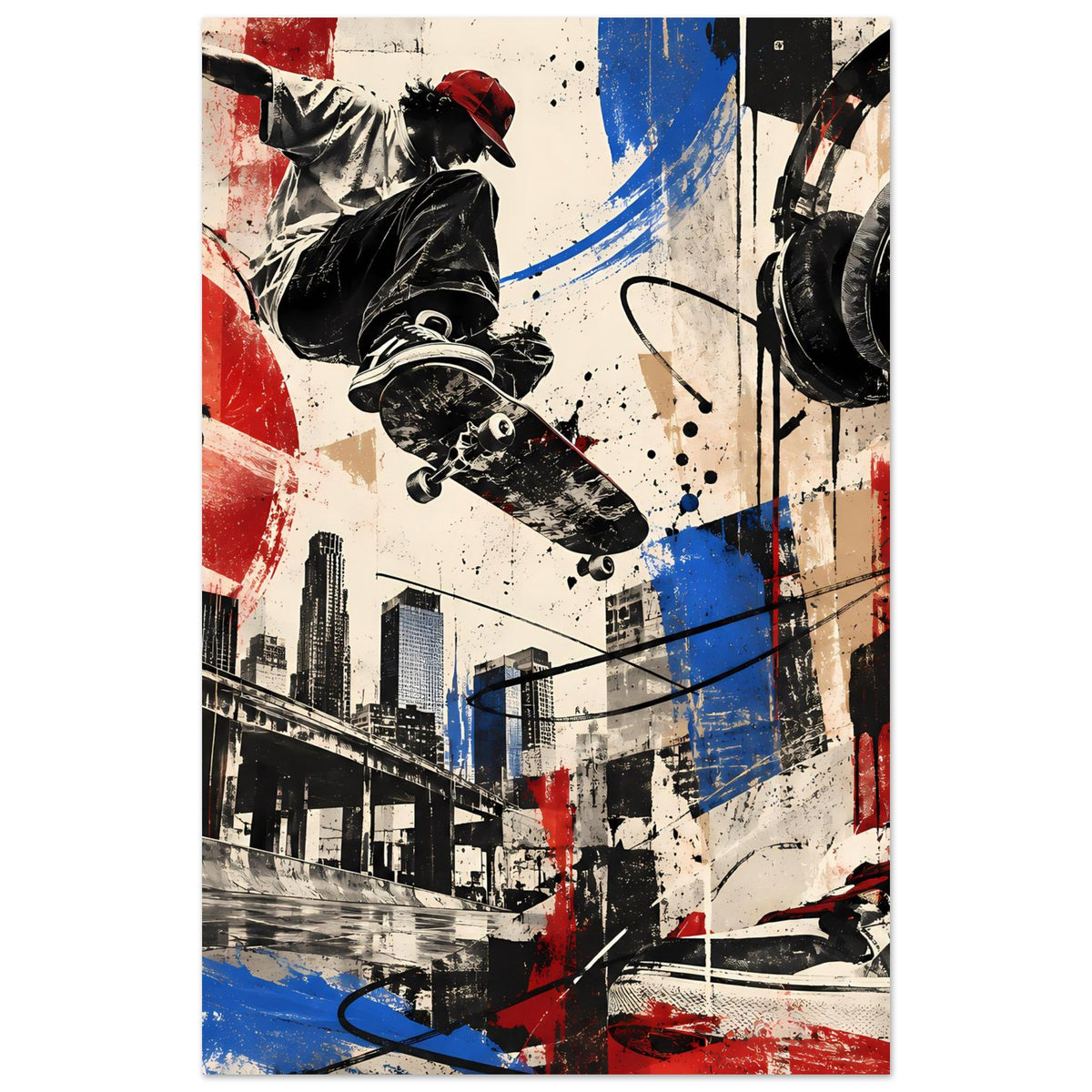 Vertikales Poster mit Skateboard-Figur, großen blauen und roten Spritzern, City-Motiv