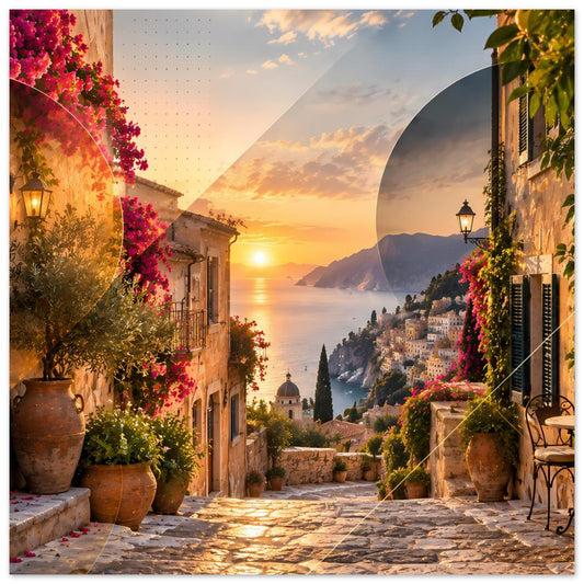 Poster: Gasse an der Küste mit Blumen, Meer und Sonnenuntergang