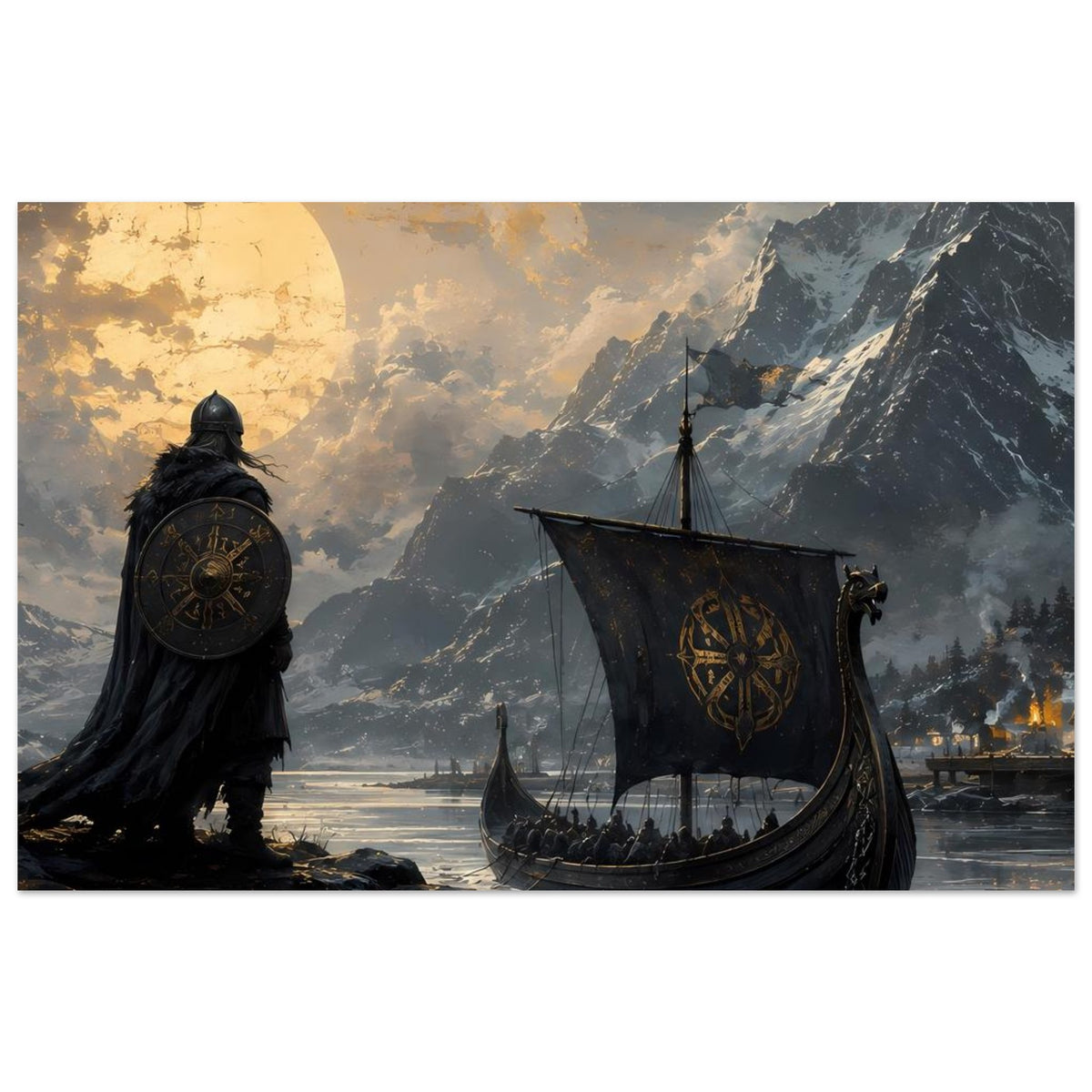 Poster mit Vikingkrieger, rundem Schild und Langschiff vor Bergen im Abendlicht