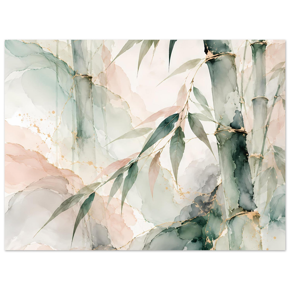 Horizontales Poster mit Bambus-Aquarell, grüne Stämme und Blätter in Creme-, Beige- und Rosetönen.