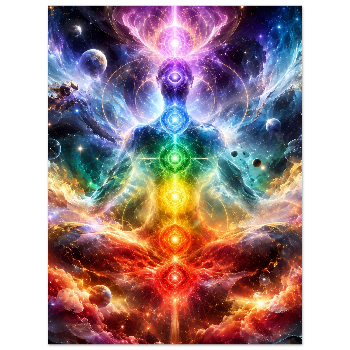 Meditationsposter im Hochformat mit zentralem Chakra, Regenbogen-Energiefluss und Weltraumwelten