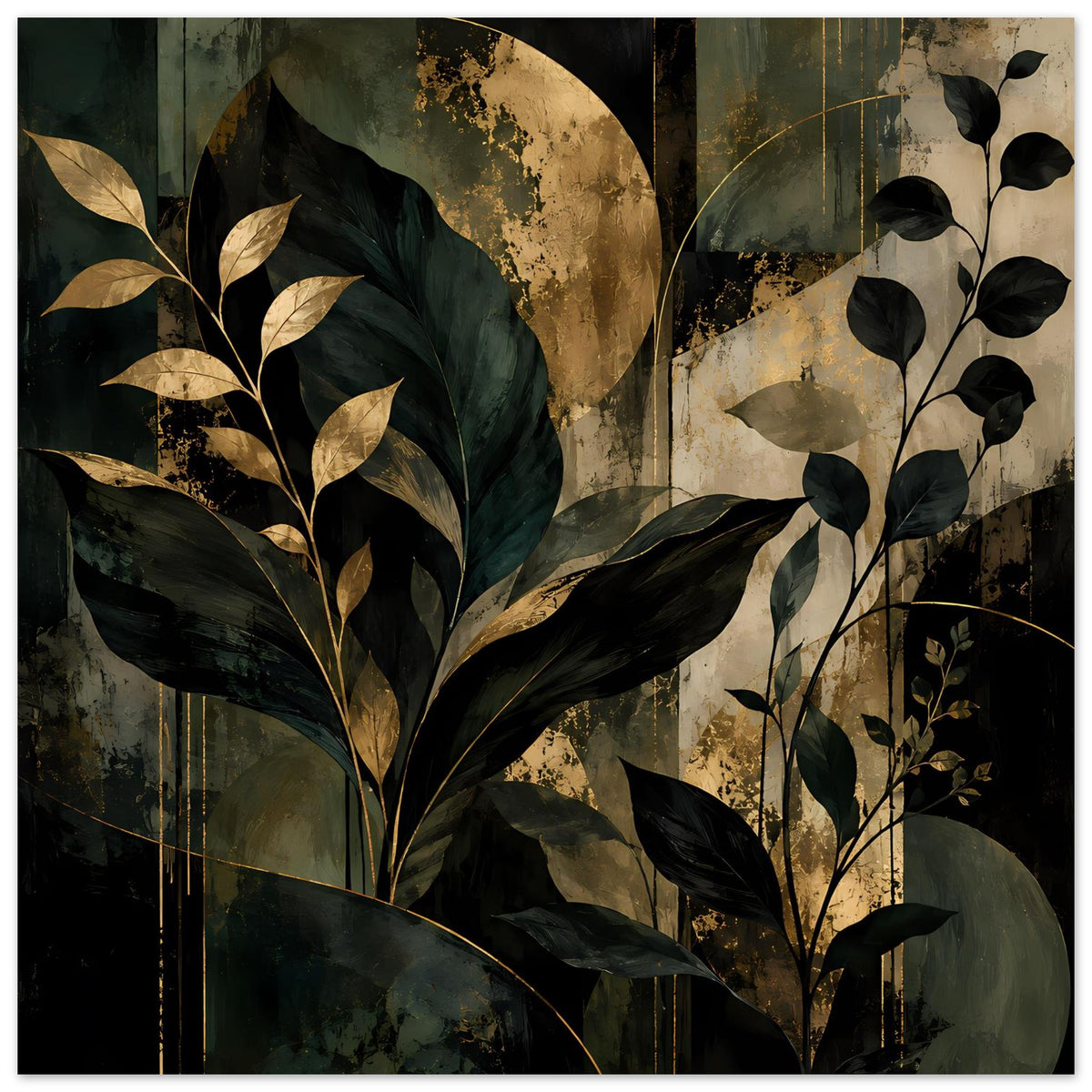 Vertikales Kunstposter: botanische Blätter und Ranken, dunkelgrün, Schwarz und Gold