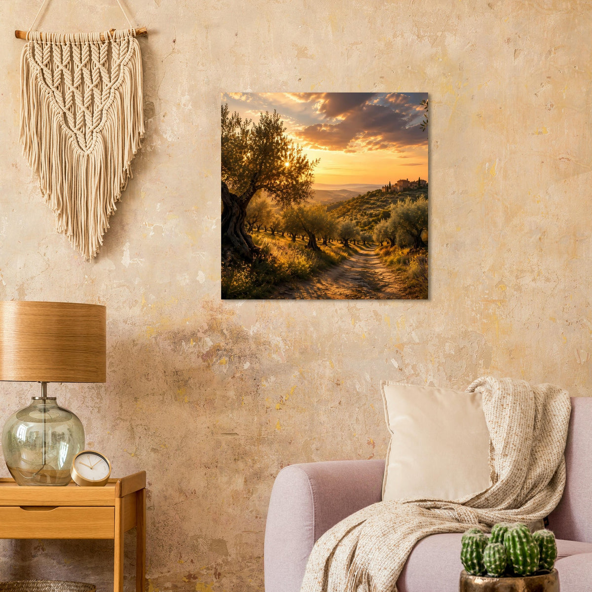 Poster mit Olivenhain, Feldweg und Sonnenuntergang über einer sanften Landschaft