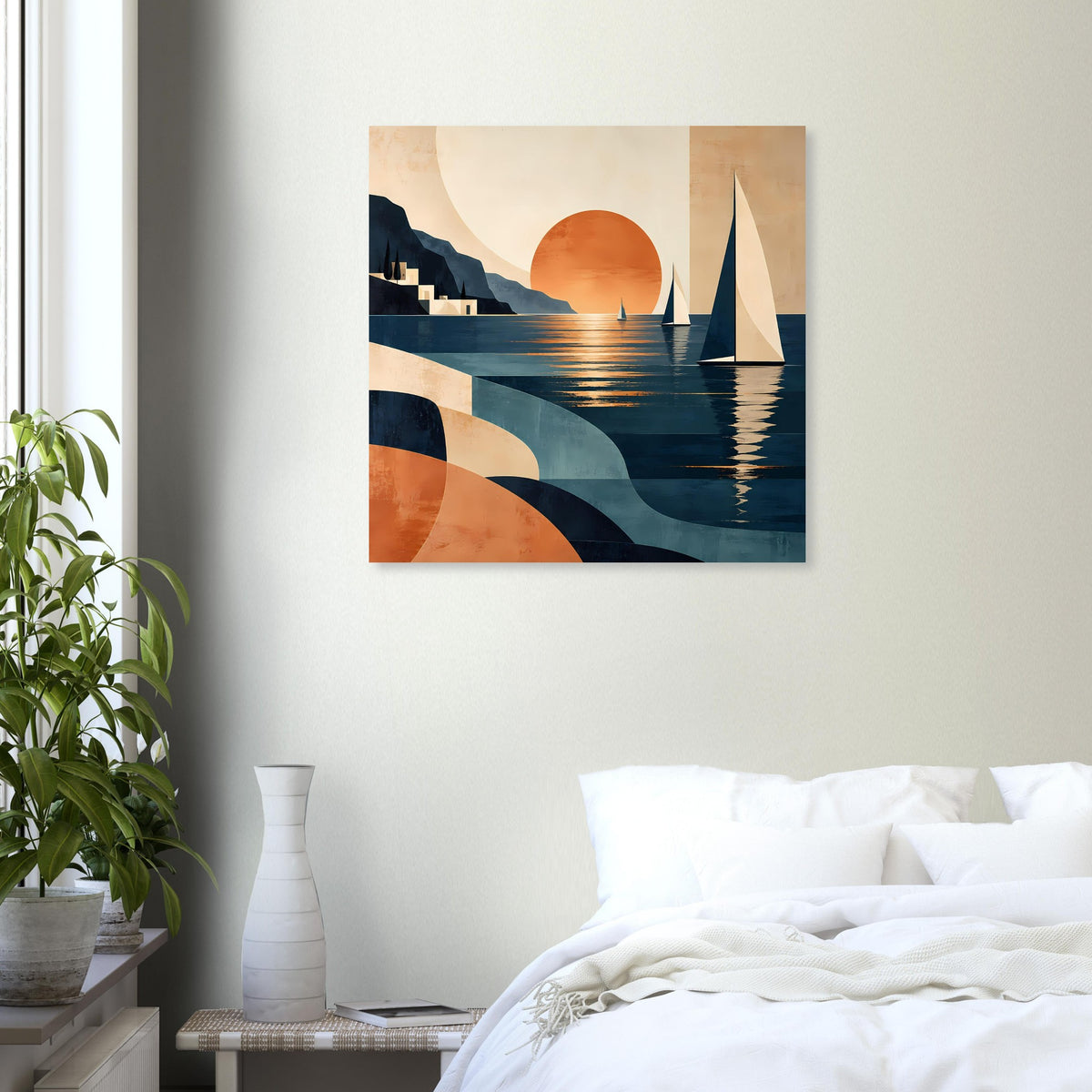 Wandposter mit rundem Sonnenmotiv, Segelschiffen und Wasserreflexen