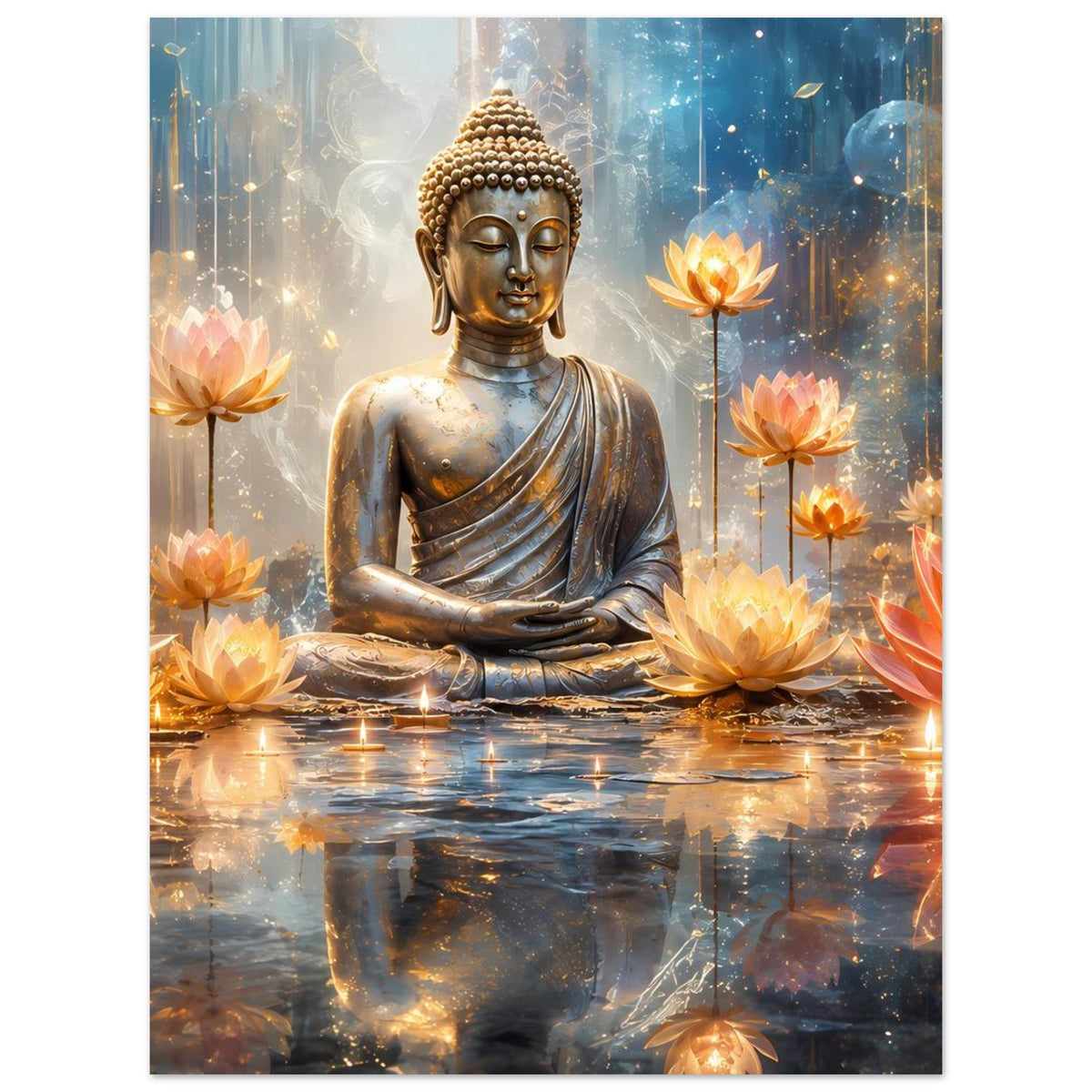 Meditierender Buddha auf Poster mit goldener Statue und leuchtenden Lotusblüten, vollansicht.