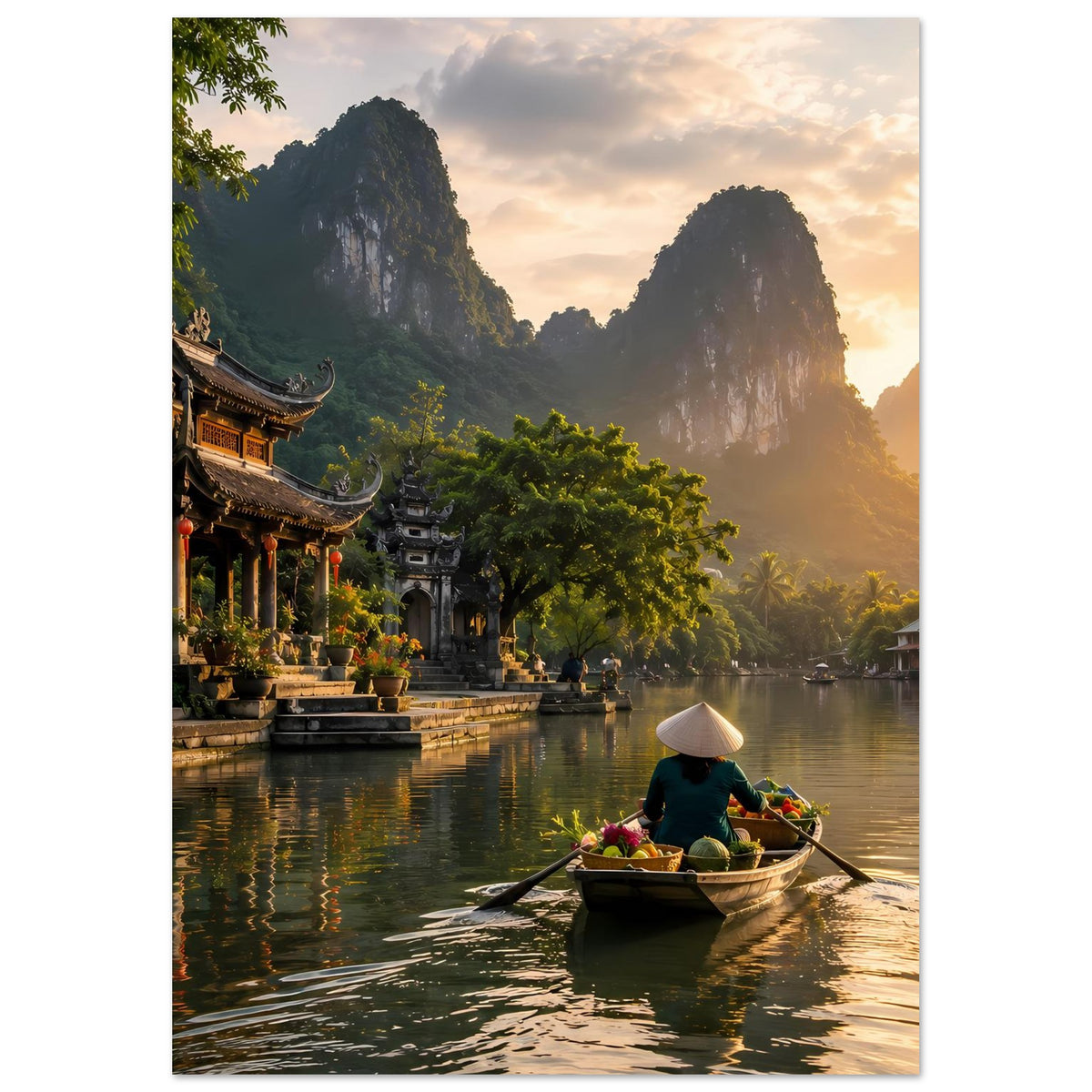 Kunstposter im Hochformat: Boot mit Blumen auf dem Fluss, Sonnenuntergang am Felsmassiv