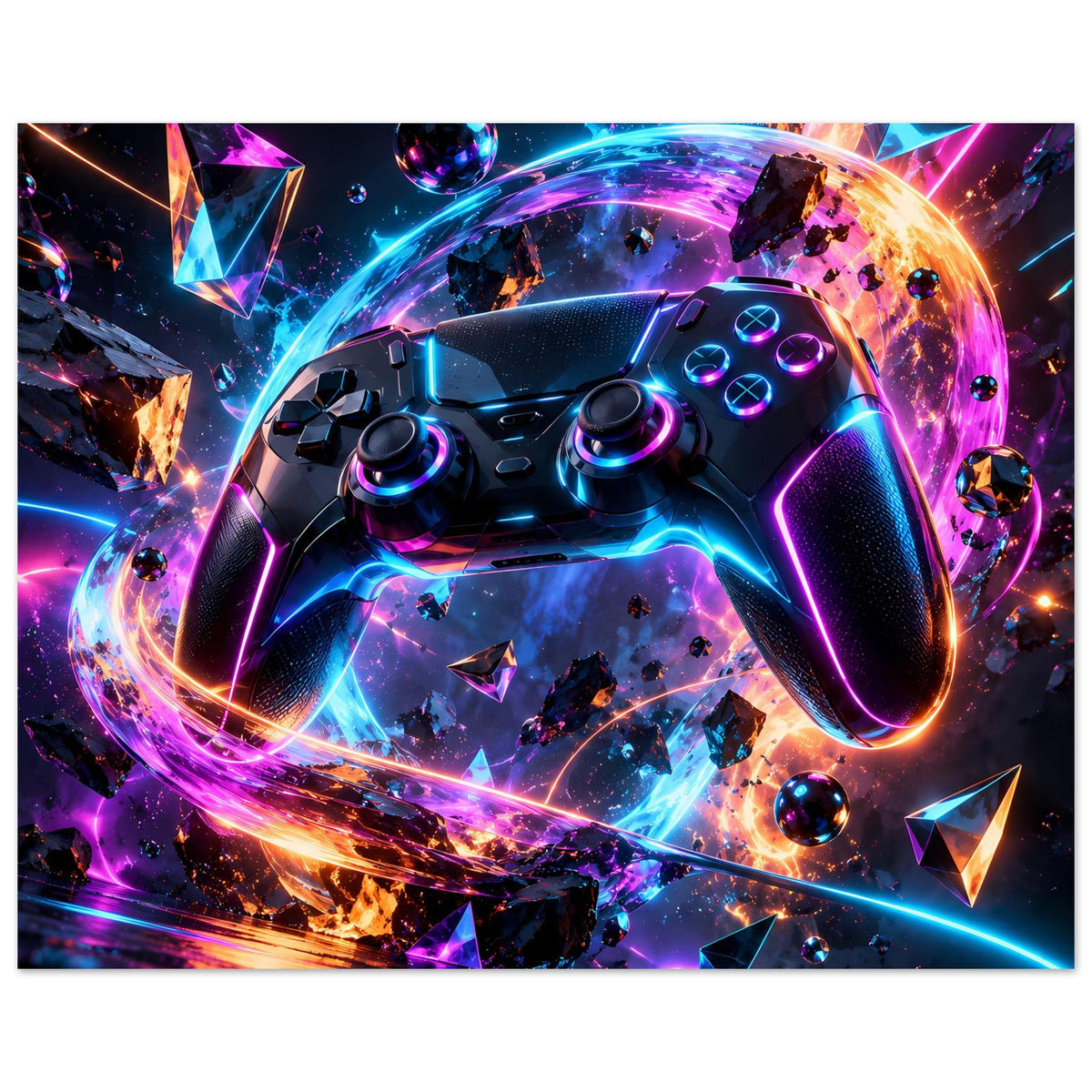 Neon-Poster: Gaming-Controller mit bunten Lichtlinien, Kreisen und abstrakten Elementen