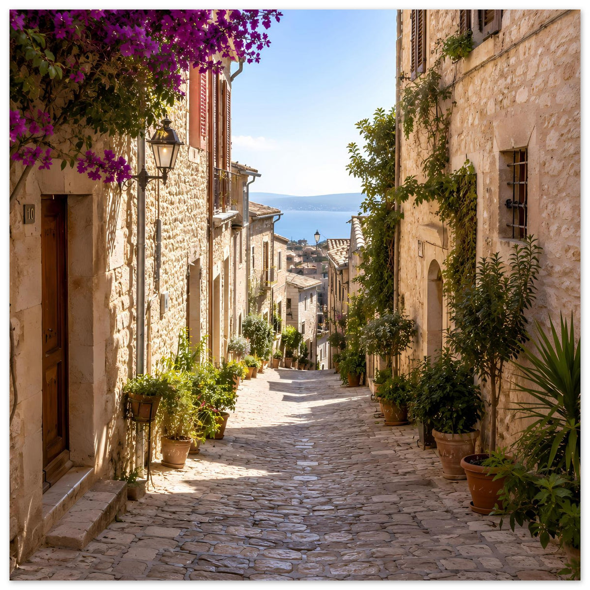 Poster auf matter Papier: mediterrane Gasse mit Blumenkranz, Häusern, Töpfen und Steinweg