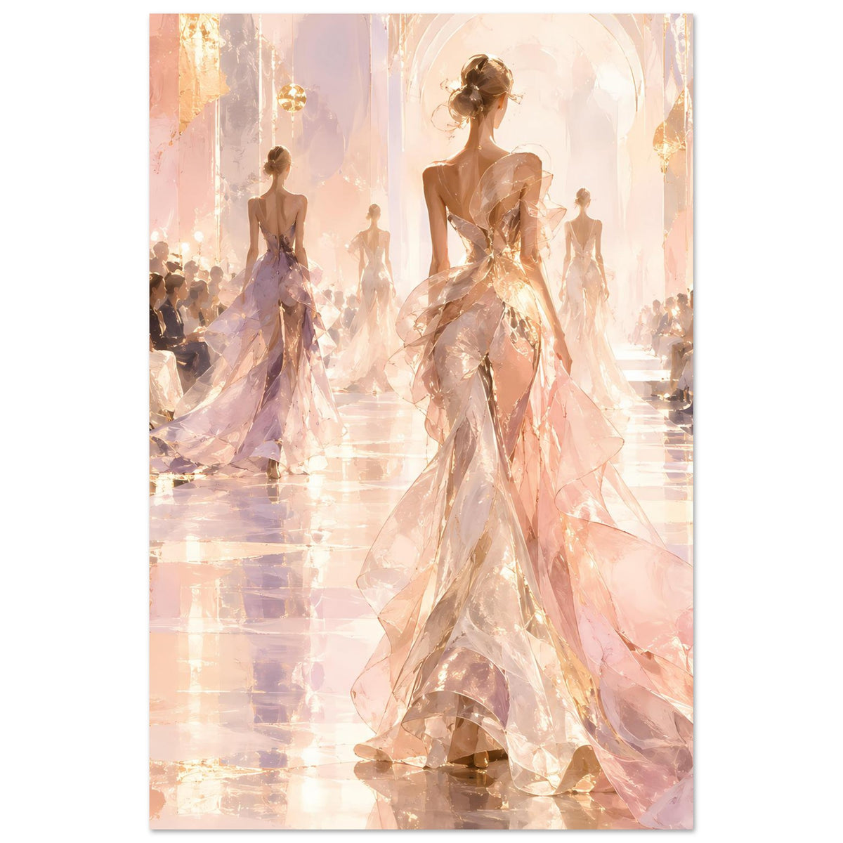 Vertikales Fashion-Poster: Model im goldrosa Abendkleid mittig, Laufstegszene im Hintergrund
