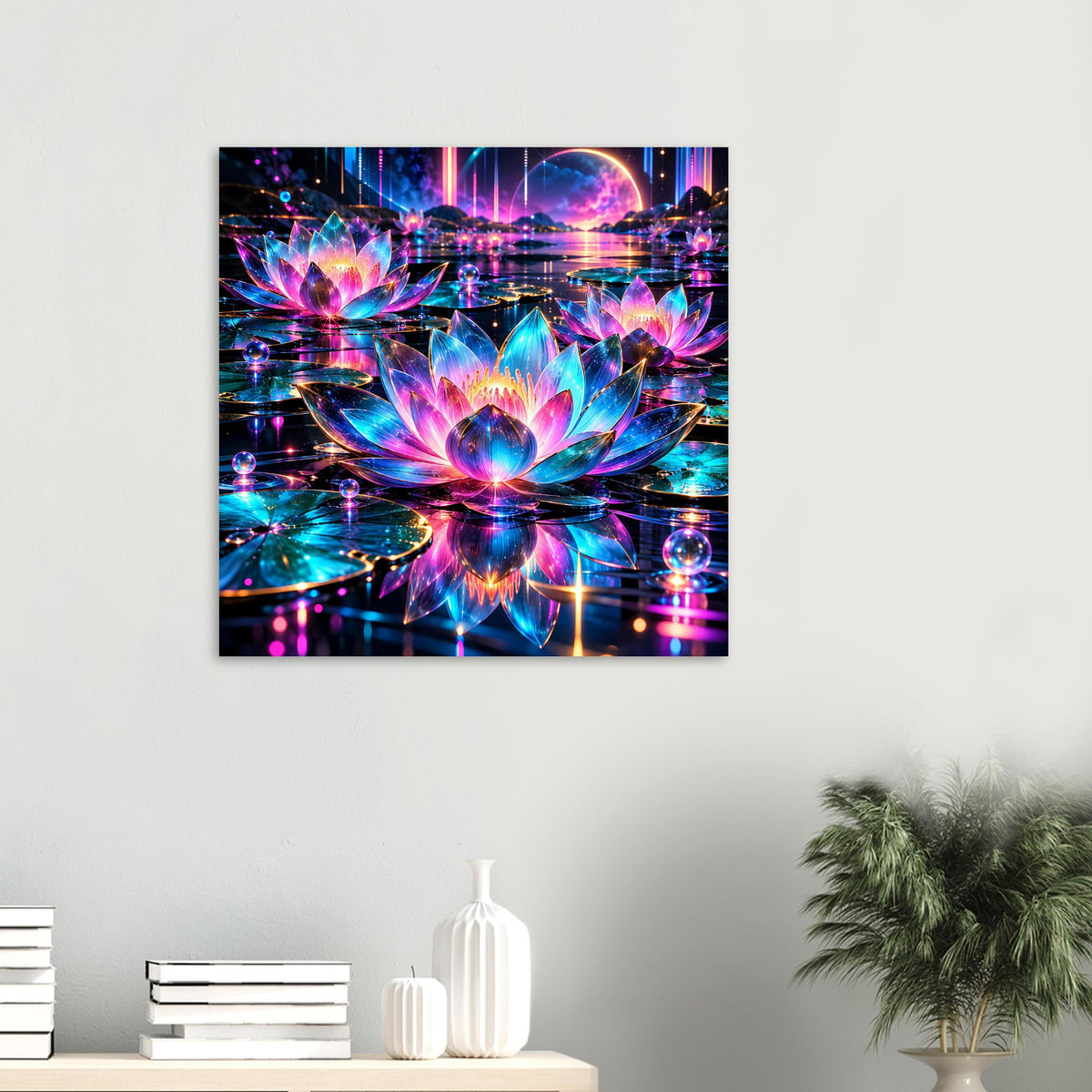 Neon-Lotus Poster, quadratische Ansicht: zentrale Lotusblüte mit farbigem Neon-Umfeld