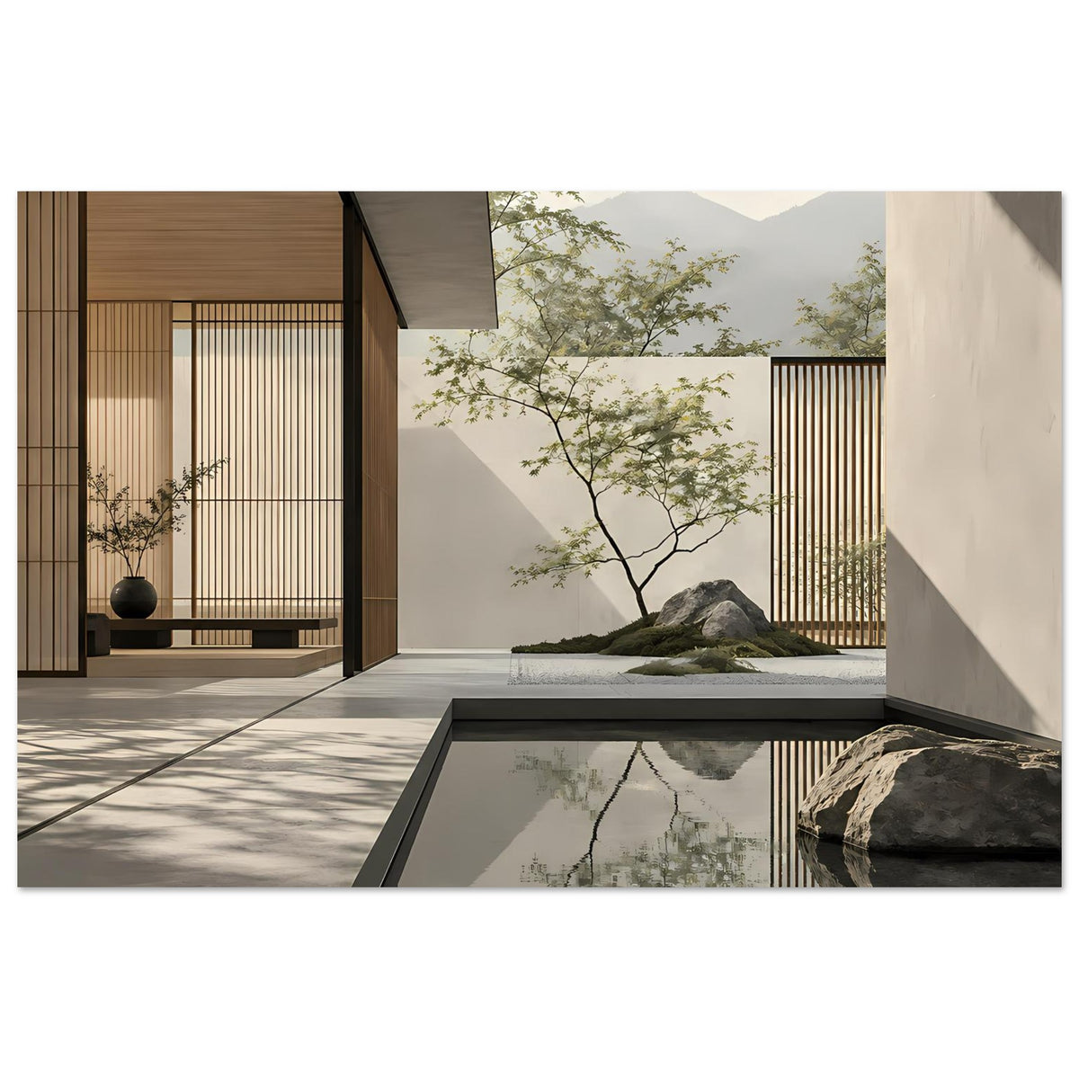 Minimalistische Zen-Wandkunst mit natürlichen und architektonischen Formen