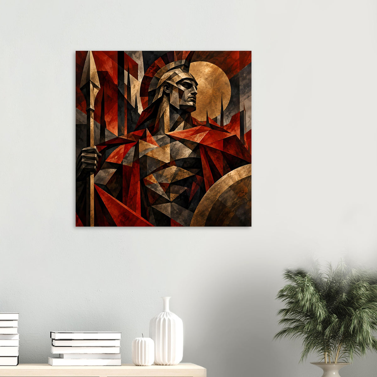 Quadratisches Poster mit Spartan-Kriegerprofil und Helm, geometrische Rot-Gold-Flächen
