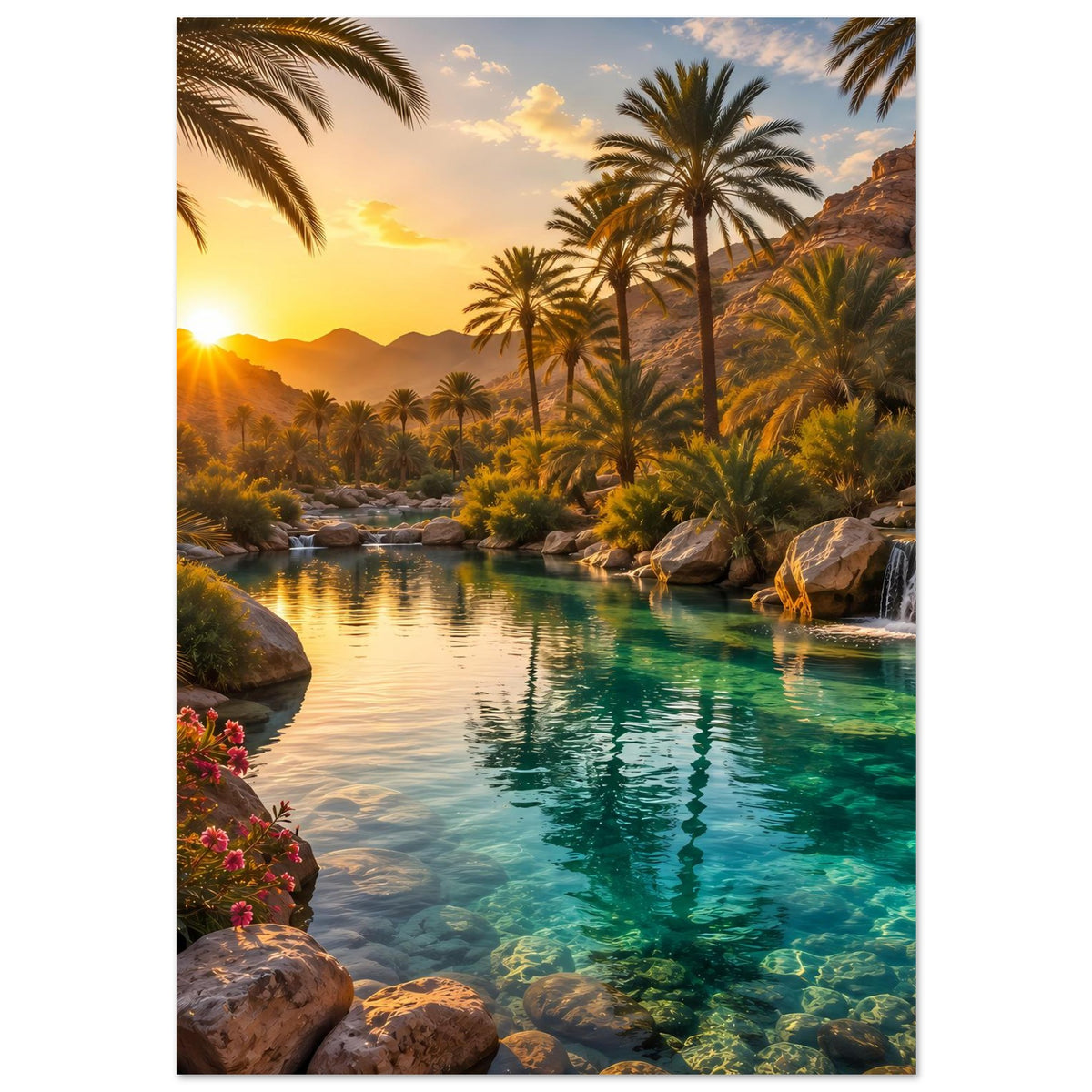 Poster mit Palmen, Fluss und Wasserfällen im tropischen Sonnenuntergang, türkisfarbenes Wasser