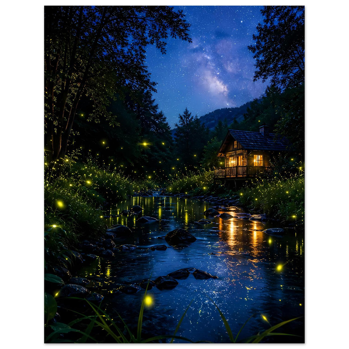 Hochformatiges Poster: dunkler Waldfluss mit leuchtenden Glühwürmchen und Licht im Haus