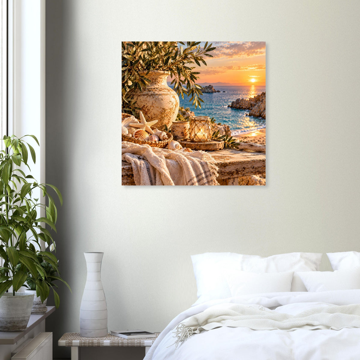 Gerahmtes Wandbild mit Sonnenuntergang über dem Meer und Stillleben mit Muscheln