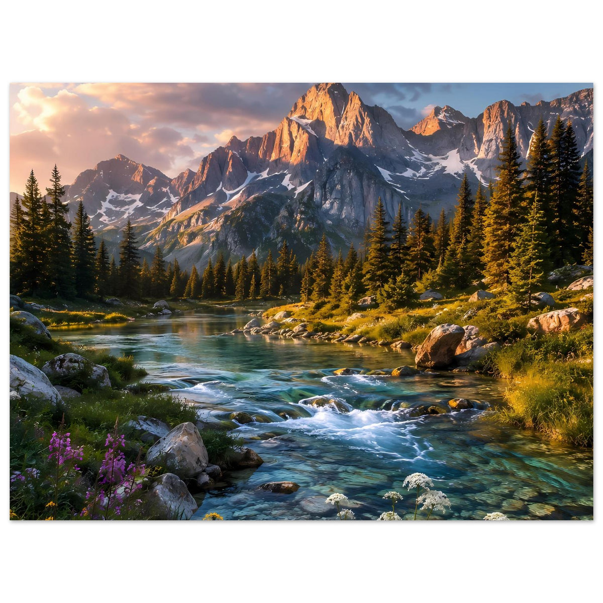 Poster mit Berglandschaft im Querformat: Fluss, große Felsen, Nadelwald und Bergspitzen