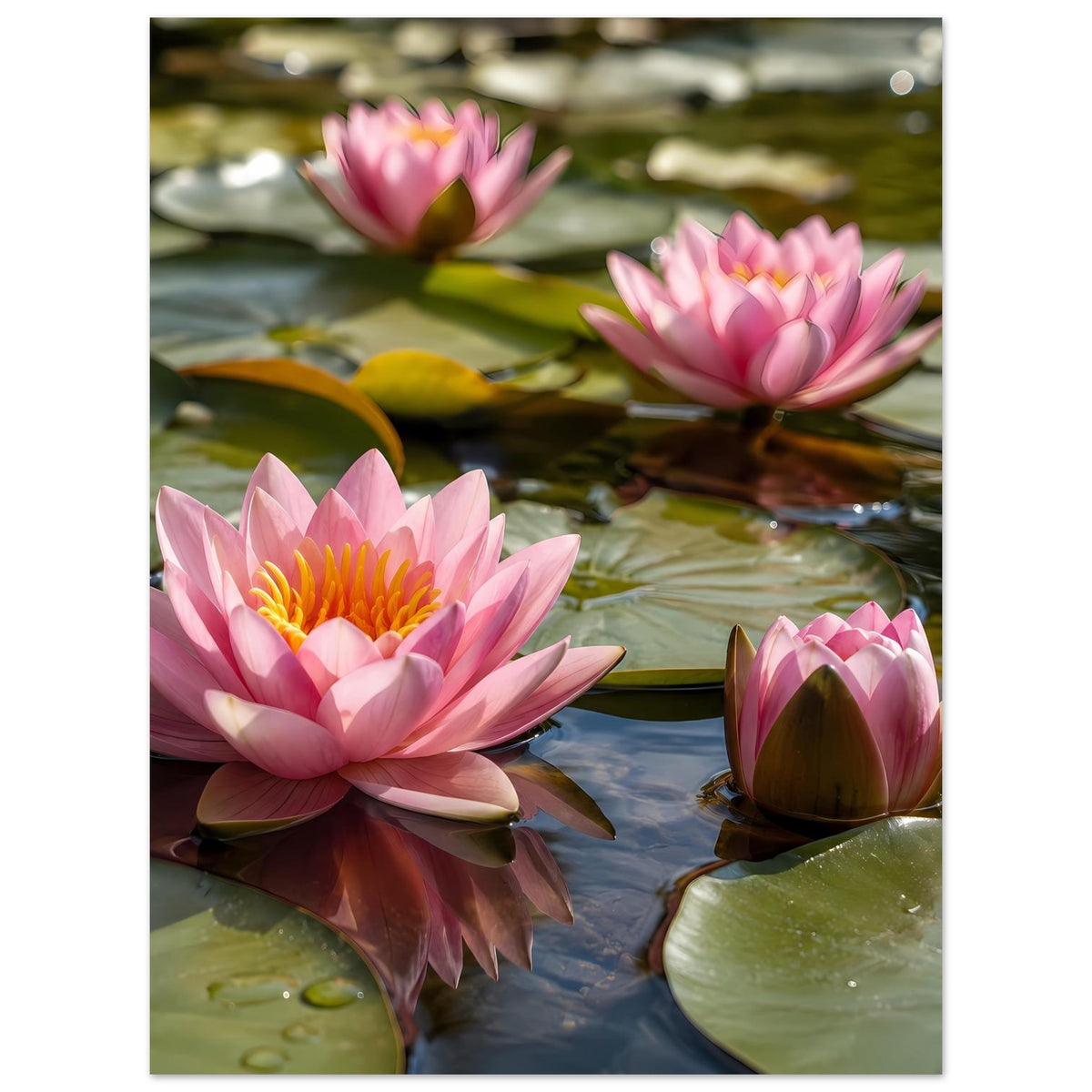 Posterdetail: rosa Seerosen auf Wasser, orange-gelbes Blütenzentrum und grüne Blätter