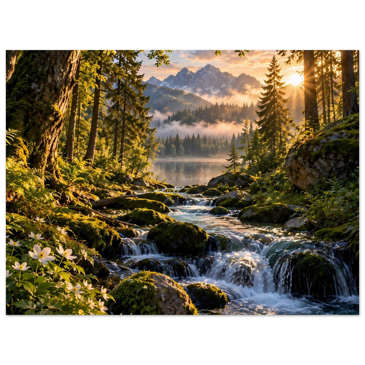 Wasserfall-Poster auf mattem Premiumpapier: breiter Blick auf Waldfluss, Felsen und Nebel