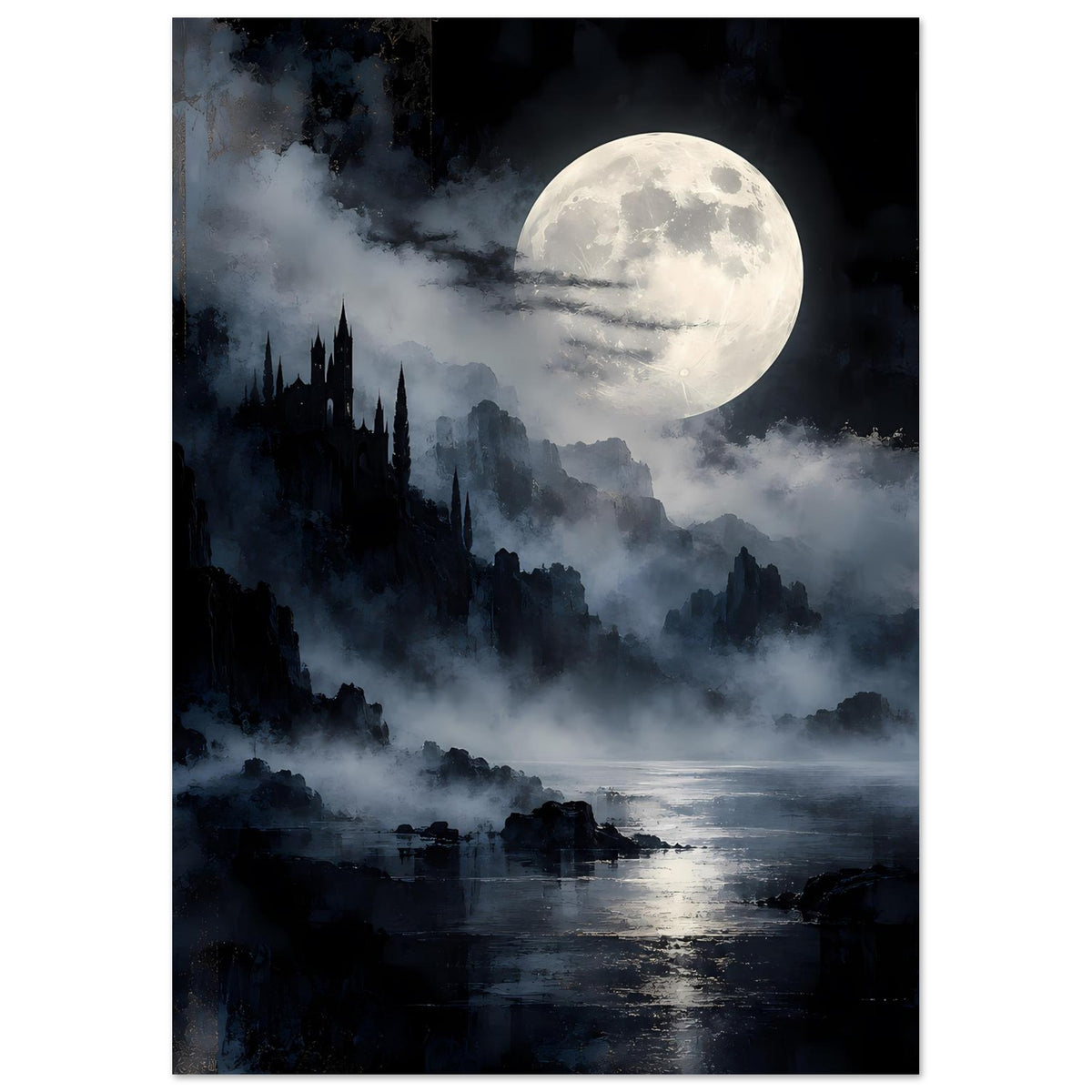 Fantasy-Landschaftsposter im Hochformat: großer Mond über Wasser, Nebelschwaden und Festung