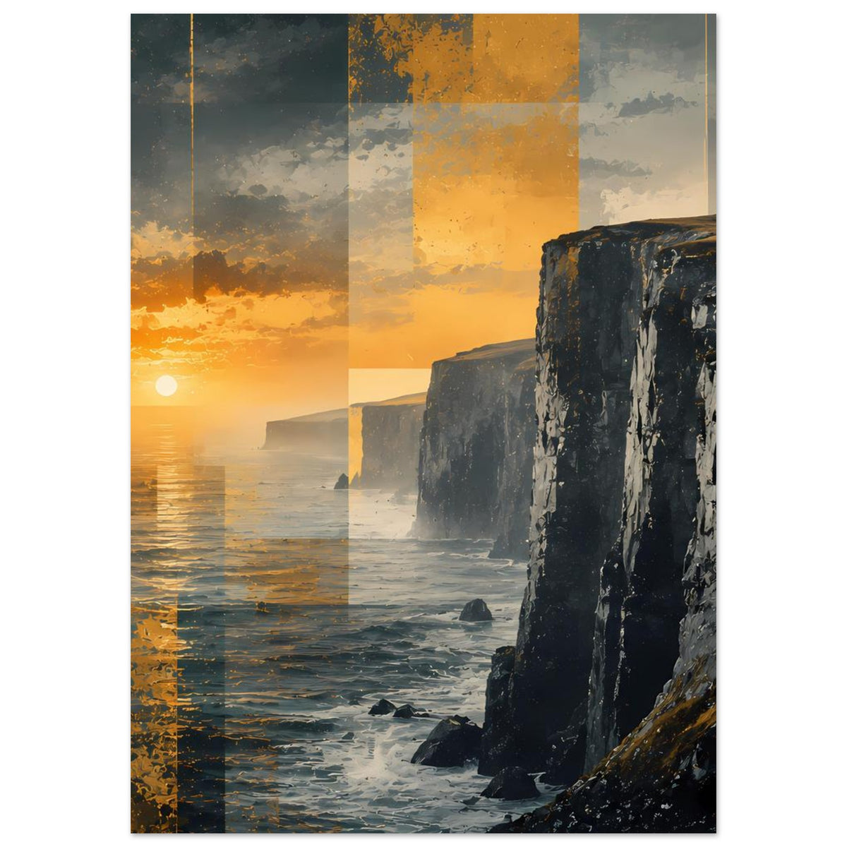 Hochformatiges Poster mit Sonnenuntergang, Spiegelungen im Wasser und Klippenfelsen