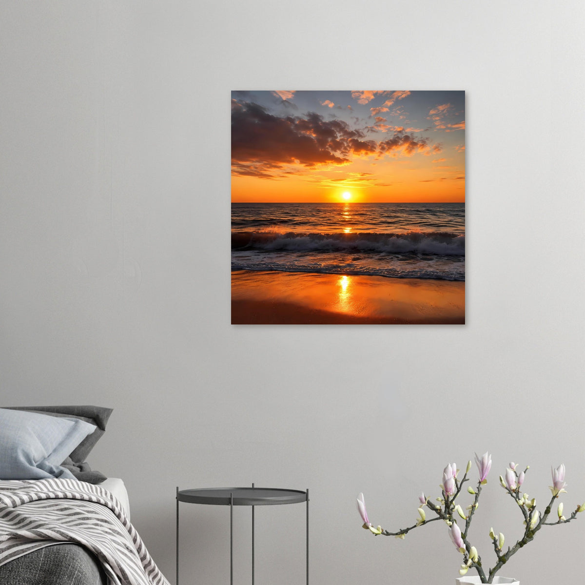 Kleines Poster Sonnenuntergang am Meer mit Sonne, Wellen und Lichtreflex im Querformat