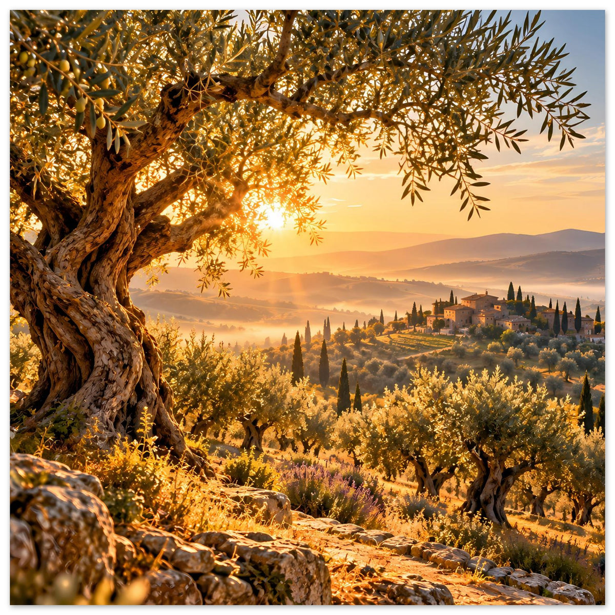 Landschaftsposter mit Olivenbaum und goldenem Sonnenaufgang, Steinmauer im Vordergrund