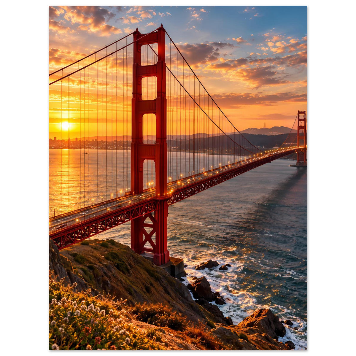 Wandposter mit Golden Gate Bridge bei Sonnenuntergang, Steilküste und Meer, Hochformat