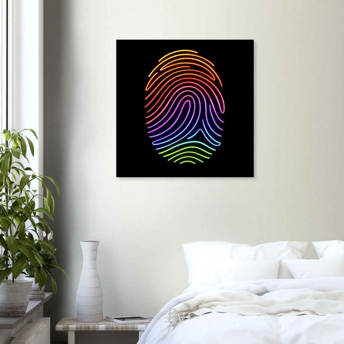 Quadratisches Neon-Poster mit regenbogenfarbenem Fingerabdruck auf schwarzem Feld.