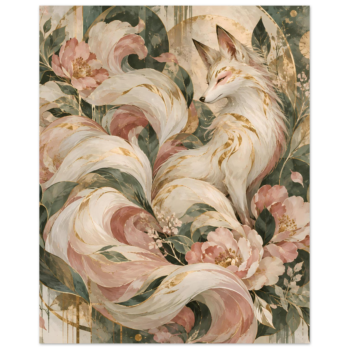 Poster mit Fuchsmotiv in Rosé, Grün und Gold, vertikal