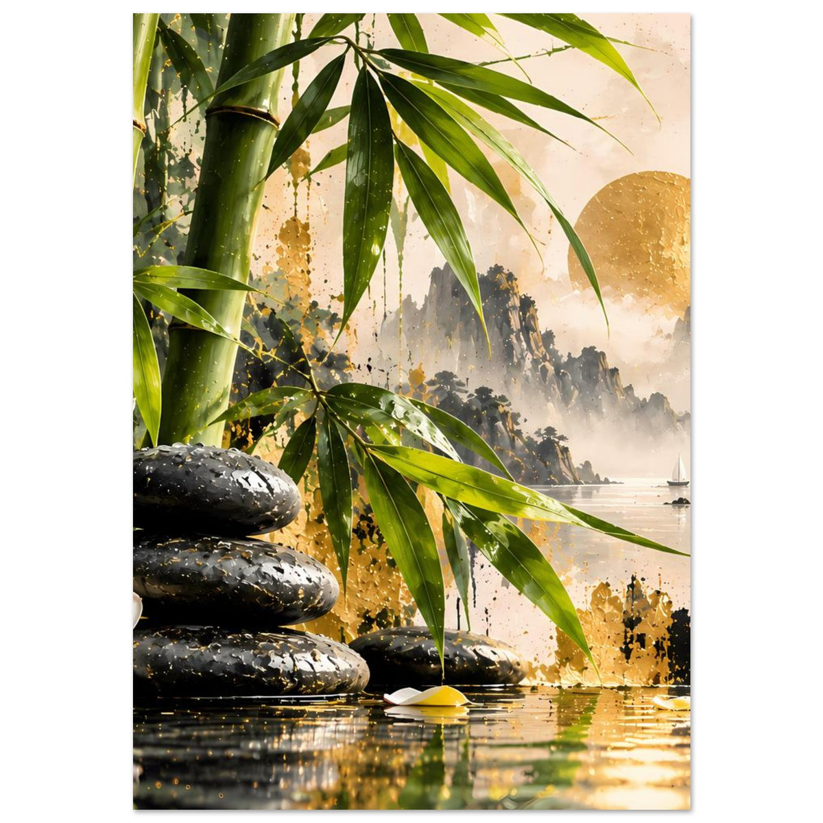 Harmonie-Poster mit Bambus, schwarzen Steinen, goldener Sonne und Teich im Zen-Stil