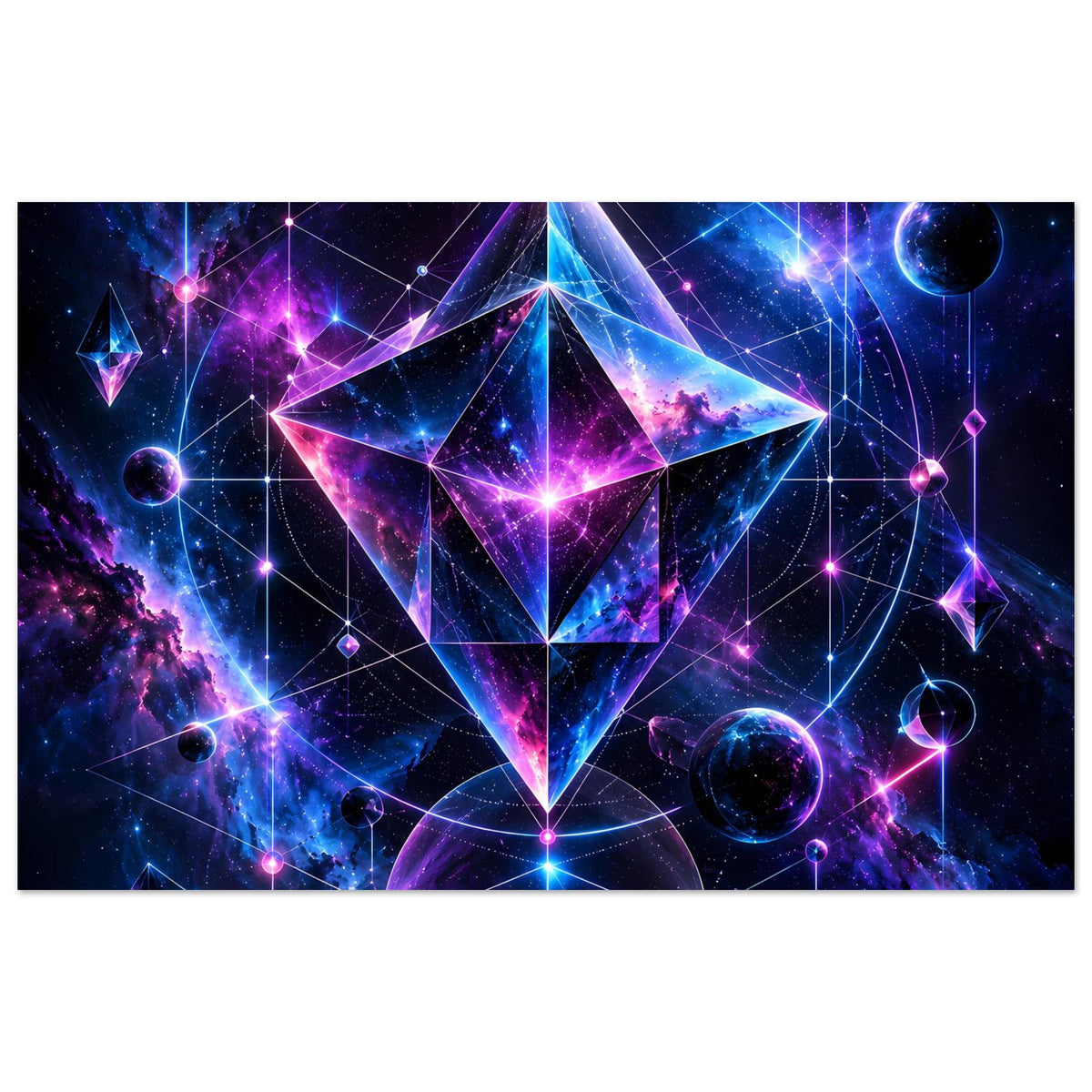 Breites Kosmos-Geometrie-Poster mit violett-blauer Sternform, Planeten und Linien, quer