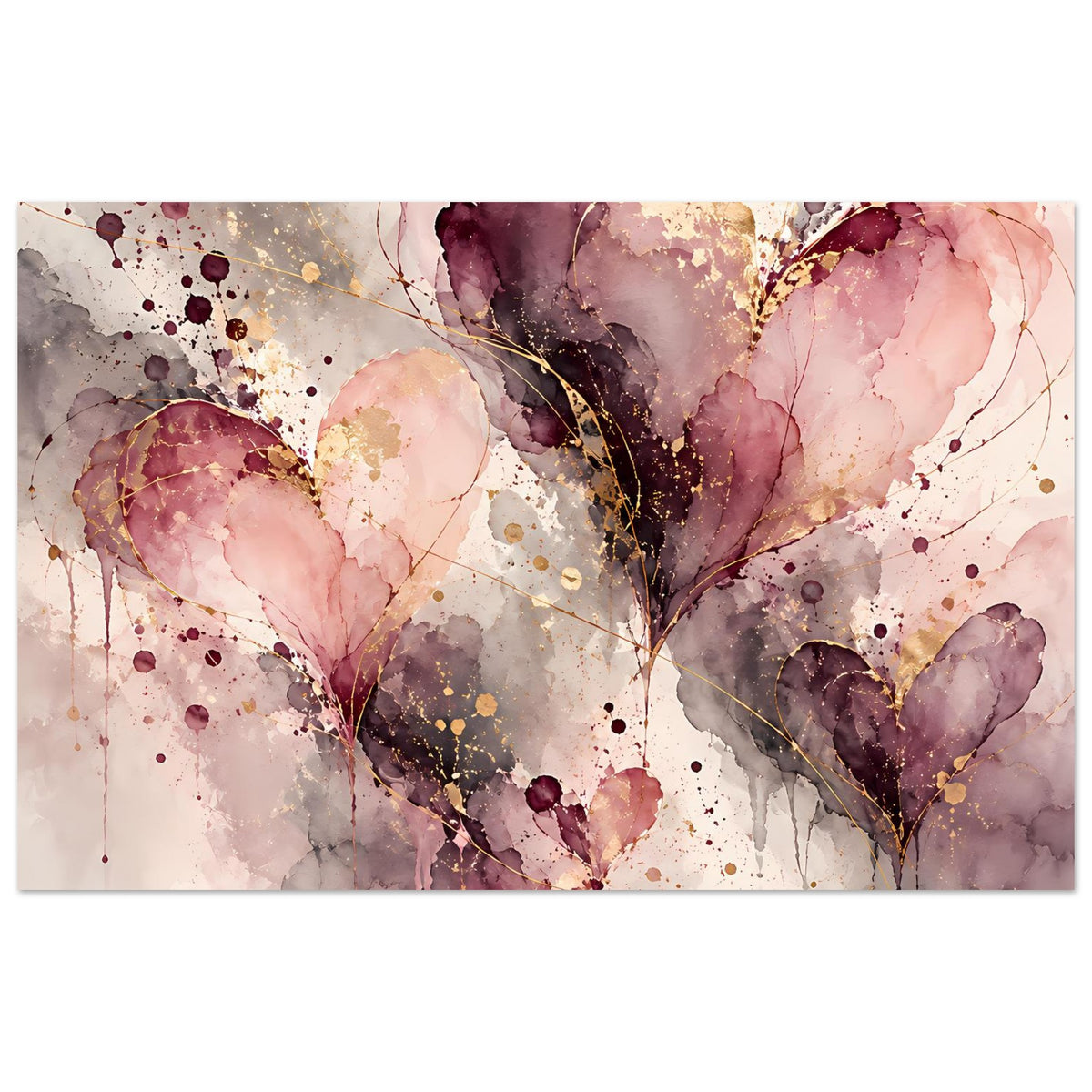 Abstraktes Herz-Poster mit Rosa-, Violett- und Goldakzenten, querformat