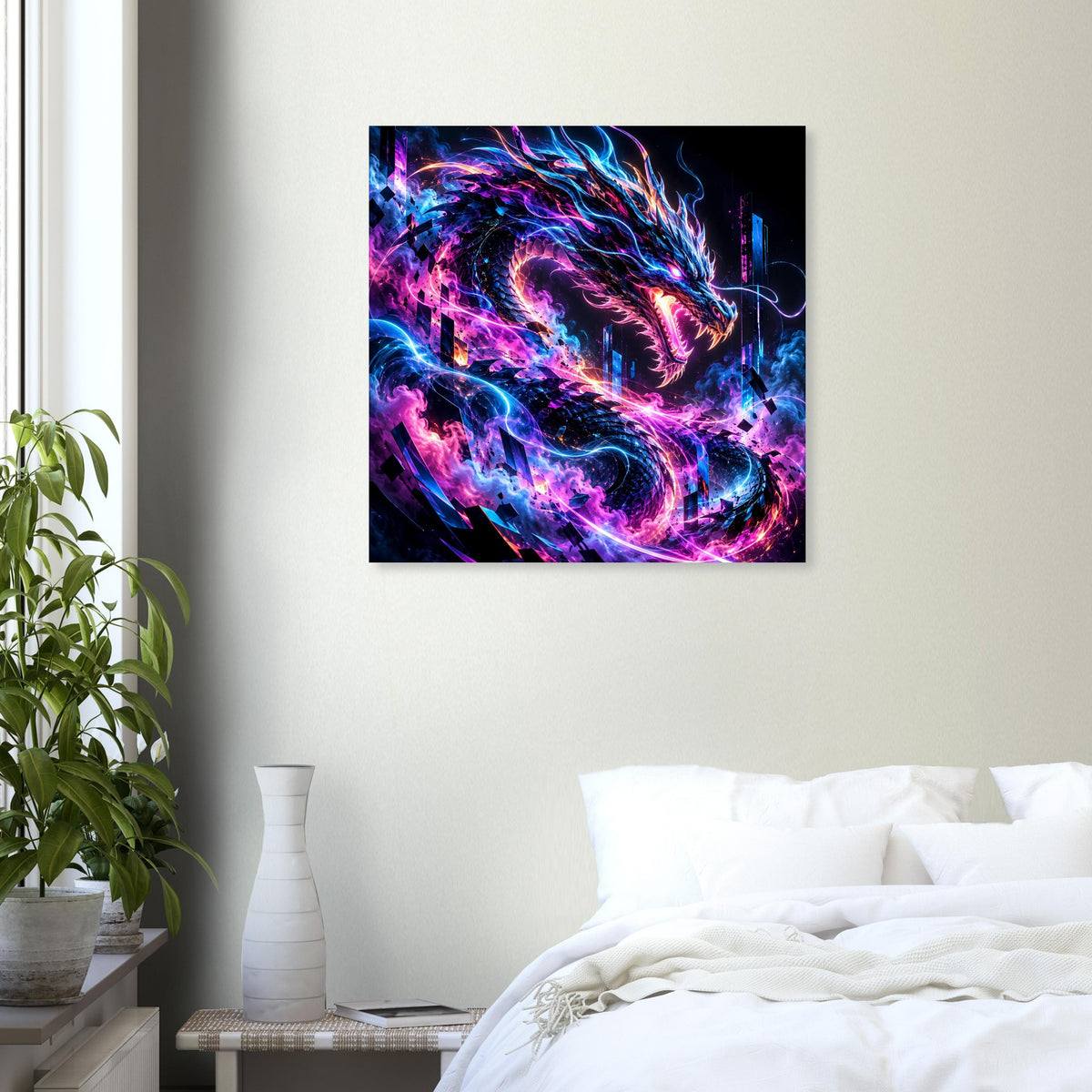 Quadratisches Poster mit dynamischem Drachen im Neonblau und Lila, schwarzer Rahmen