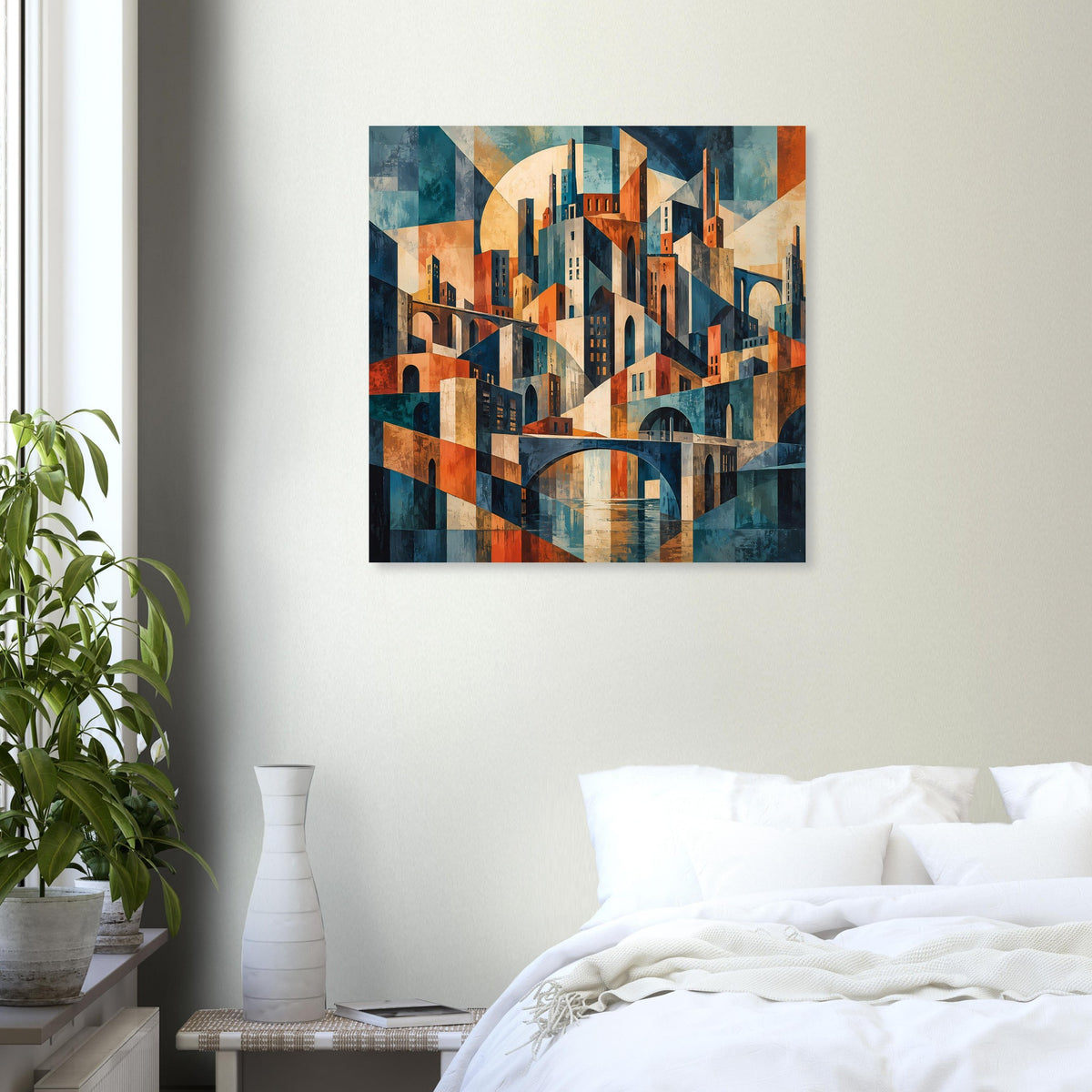 Cityscape-Poster mit abstrakter Skyline und Gewölbebogen in Orange, Blau und Beige