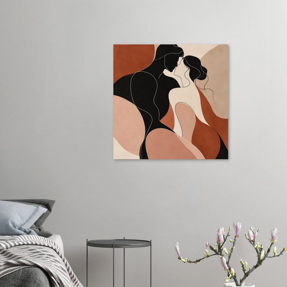 Abstraktes Liebes-Porträtposter im kleinen Format: zwei Frauenfiguren in Terrakotta