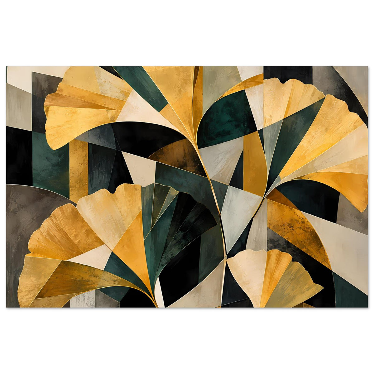 Modernes abstraktes Blumenposter, Querformat, goldene Blütenformen über dunklen Farbflächen