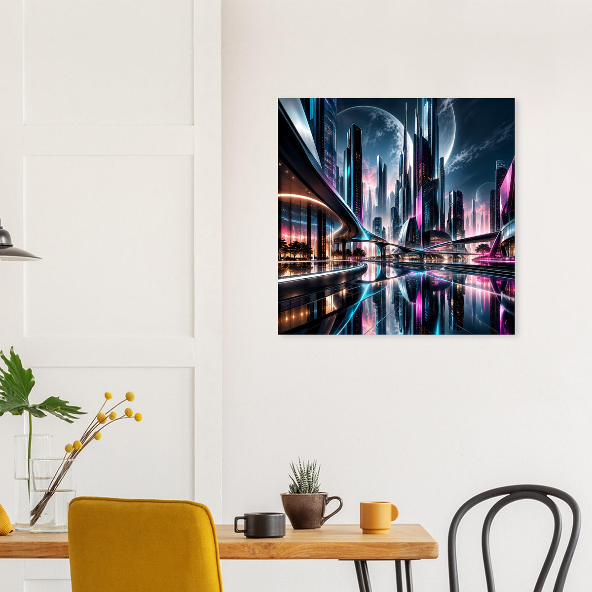 Neon-Stadtposter mit Stadtansicht, blauem Mond und langen Lichtreflexen