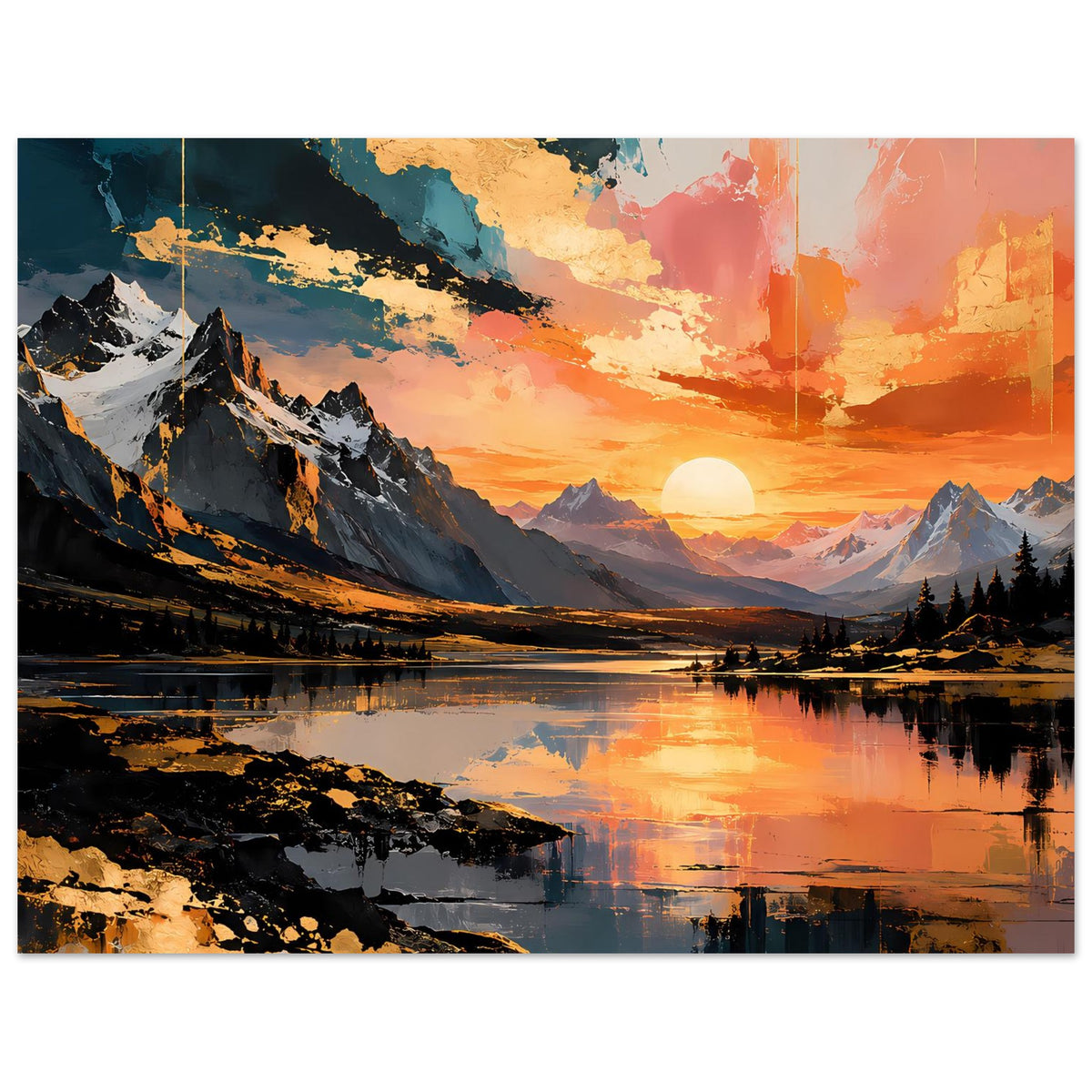 Querformat-Poster mit Sonnenuntergang über Berglandschaft, See, Uferfelsen und Reflexen