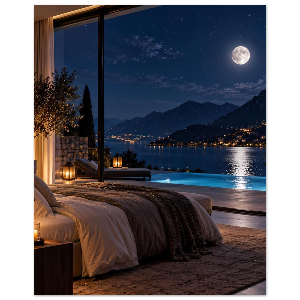 Poster: Schlafzimmeransicht bei Mondlicht mit Bett, Steg/Promenadenstreifen und Seeuferlichtern