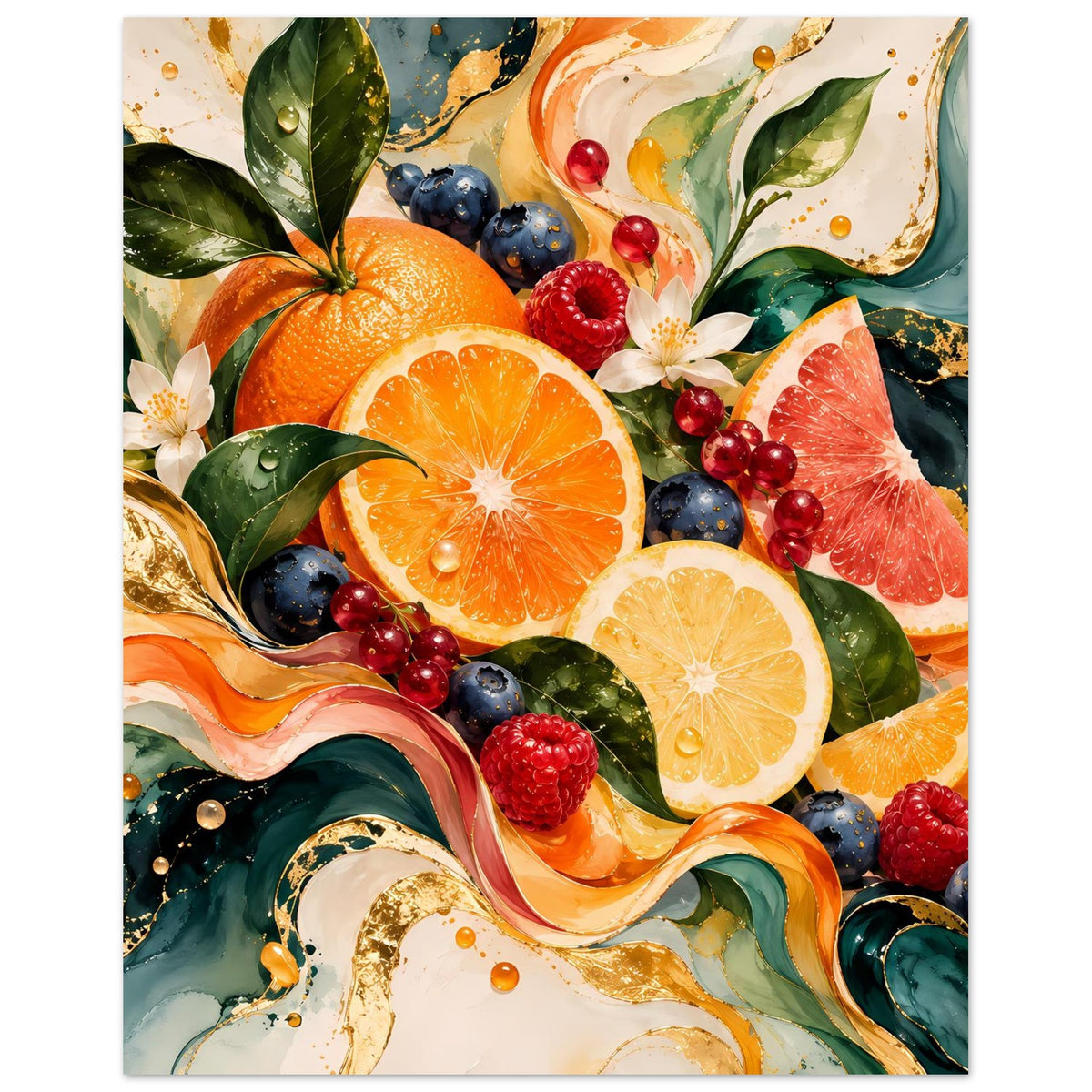 Rechteckiges Poster mit farbigen Fruchtscheiben: orange, gelb und rot, mit Beeren und Blättern