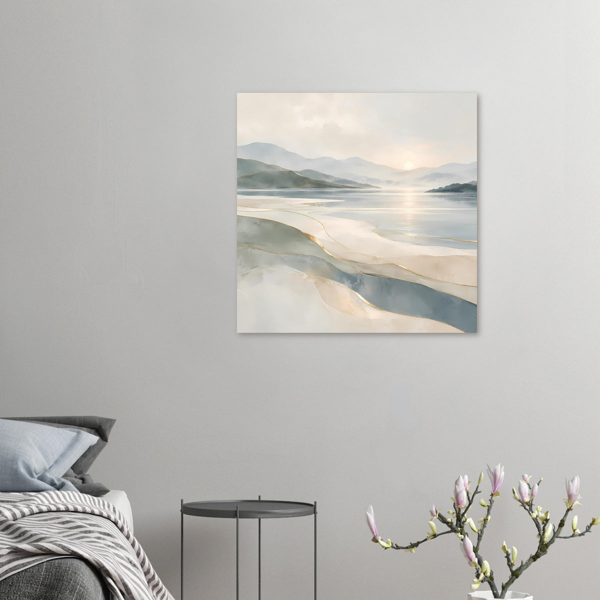 Poster mit abstrakter Küste, Beige/Grau und gold schimmernden Linien